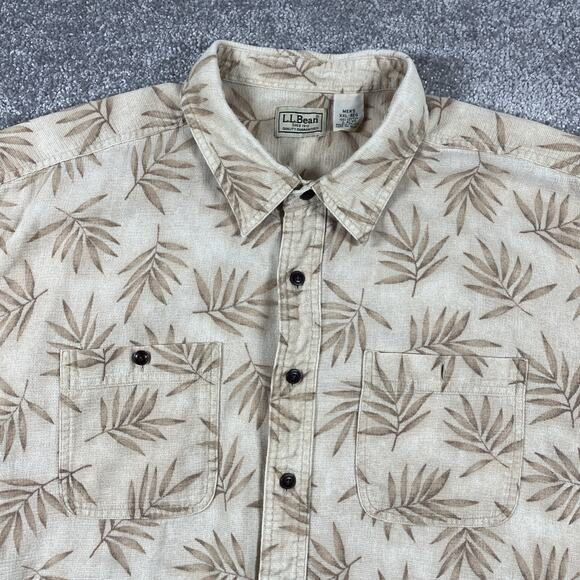 LL Bean Button Up Shirt Mens XXL Hawaiian Cotton Short Sleeve Leaves 2XL - Picture 1 of 12